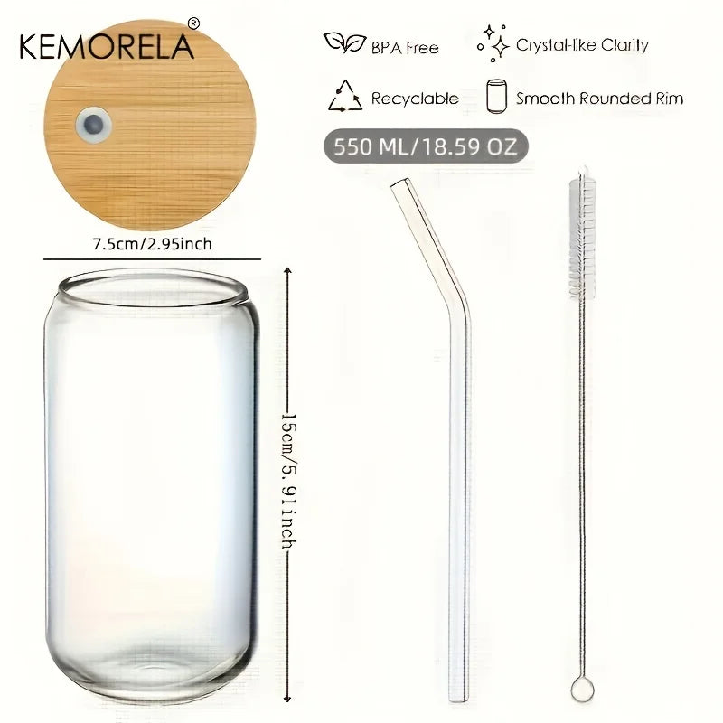 KEMORELA 18.6oz Glass Cup with Lid & Straw – Bubble Tea Set Glass Drinkware Set Axl