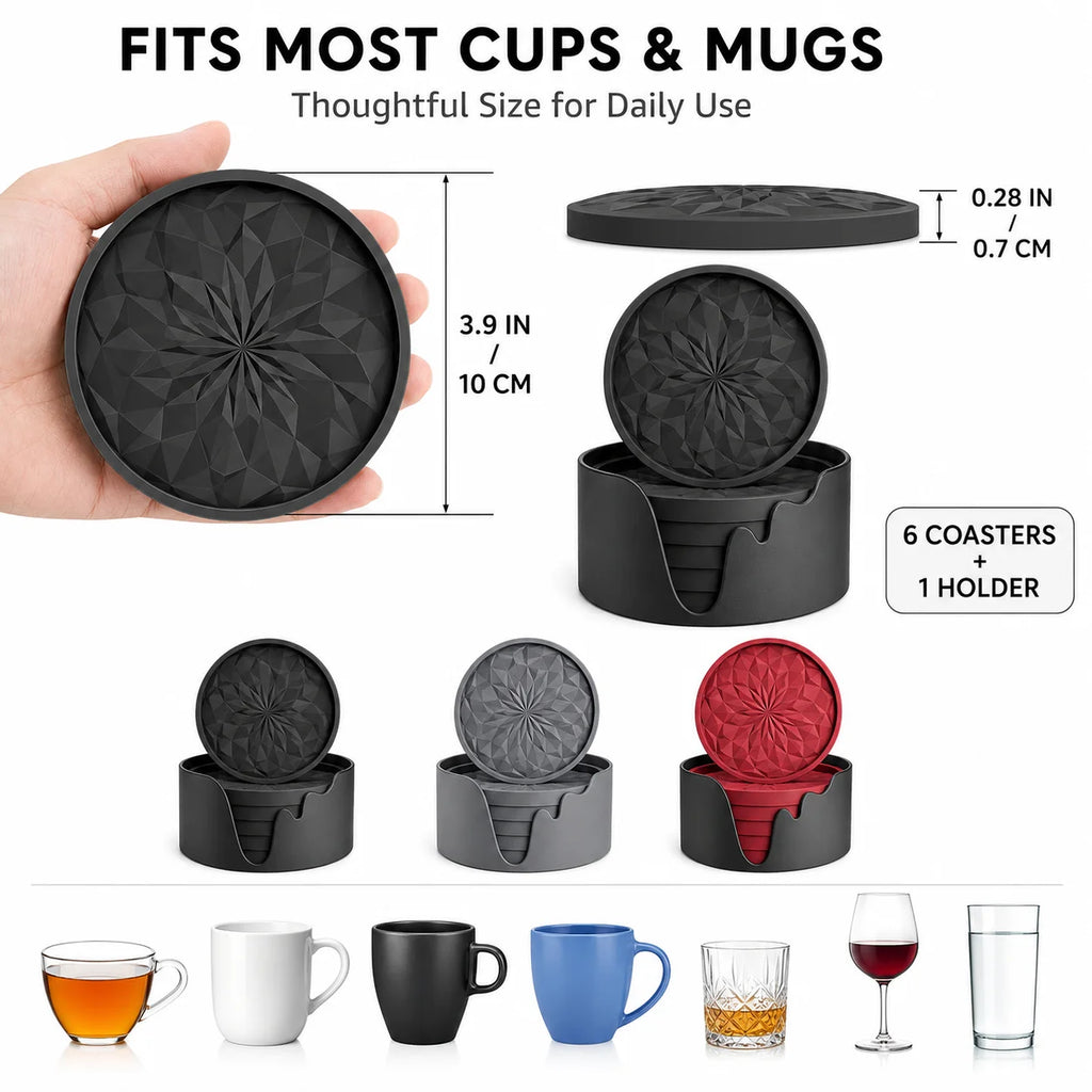 6-Piece Silicone Coasters with Holder – Non-Slip & Heat Safe Silicone Coaster Set Axl