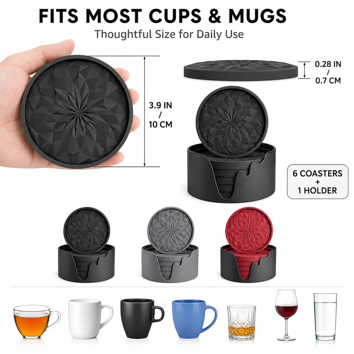 6-Piece Silicone Coasters with Holder – Non-Slip & Heat Safe Silicone Coaster Set Axl