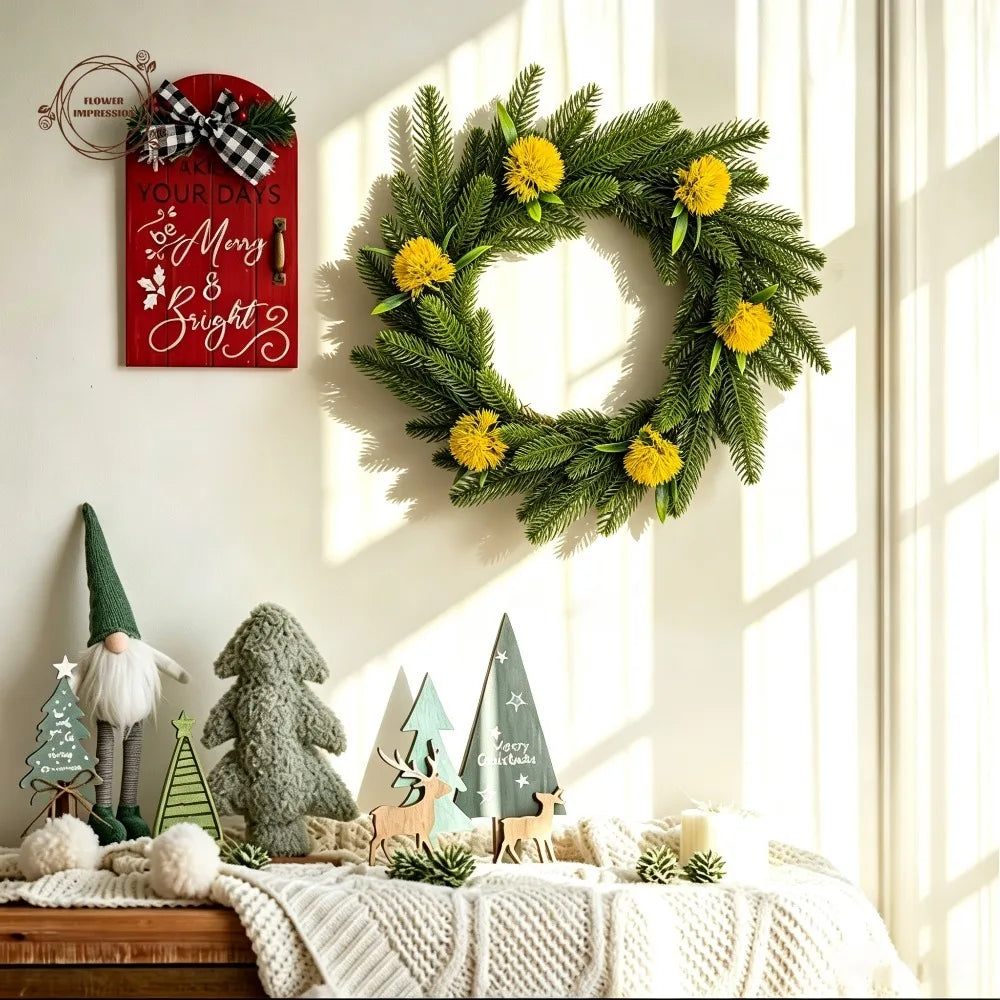 Artificial Spruce Wreath – Yellow Dandelion Farmhouse Décor Artificial Floral Wreath Axl