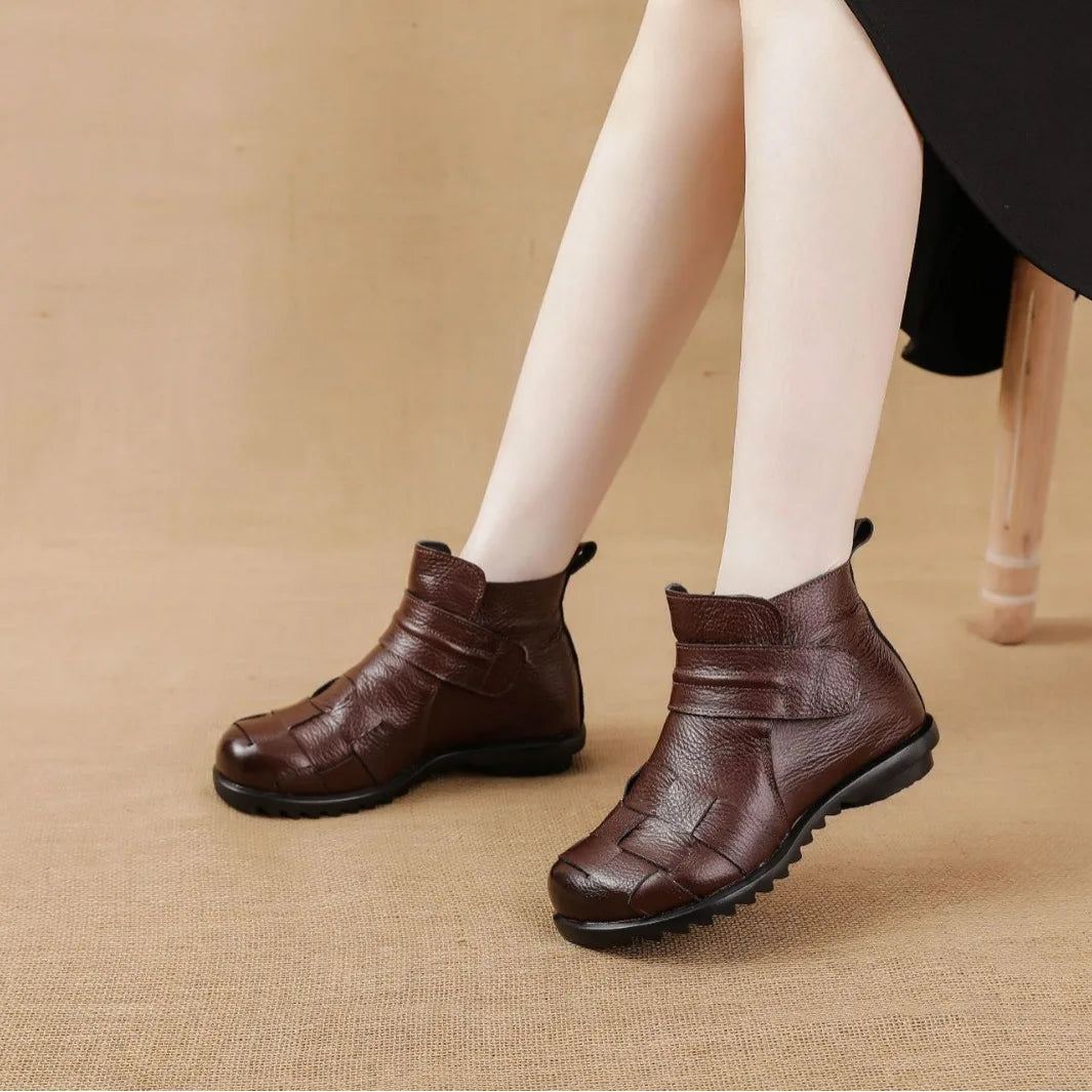 Women's Genuine Leather Ankle Boots – Retro Braid Winter Snow Women's Ankle Boots Axl