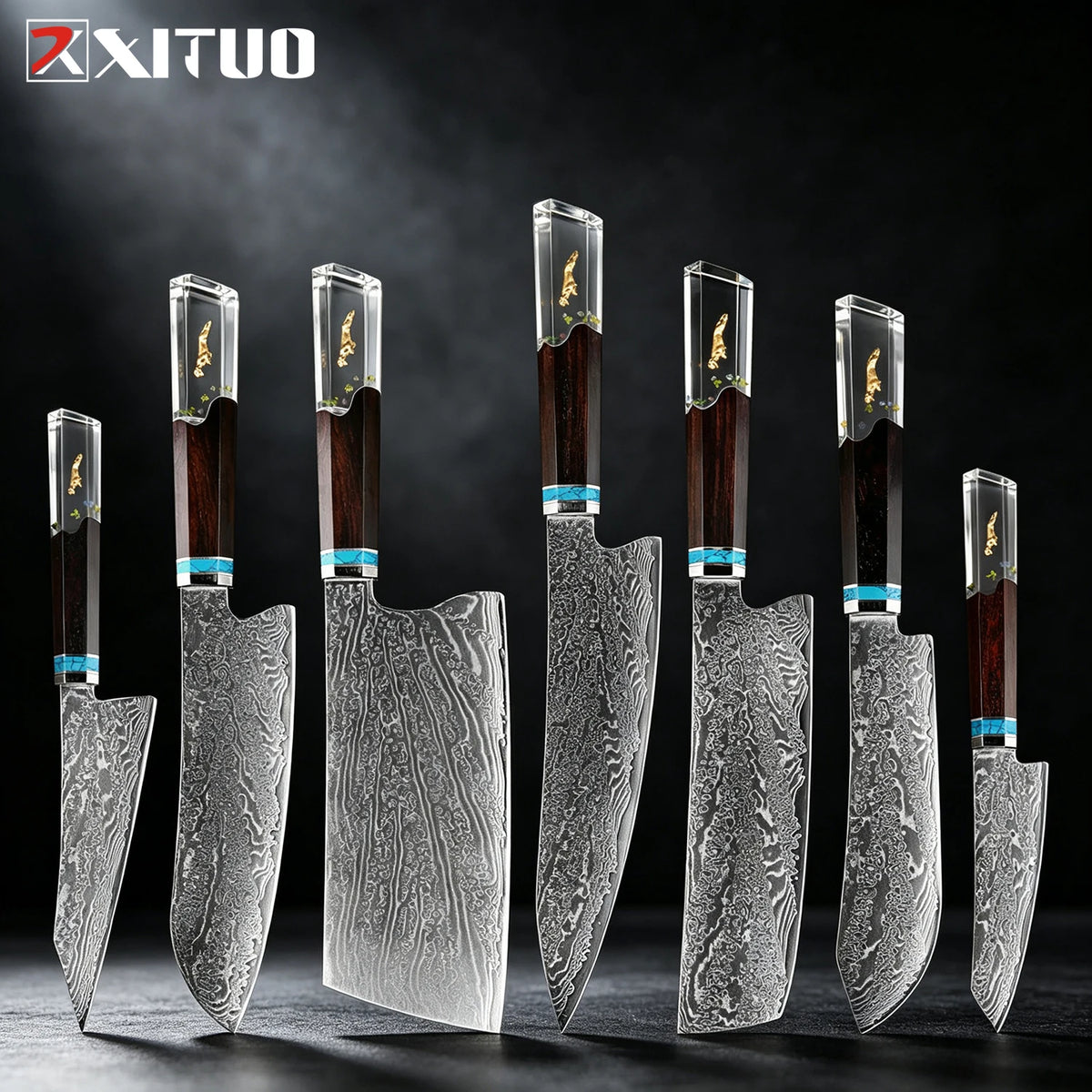 XITUO 8-Pc Damascus Steel Chef Knife Set | Resin Handle Chef Knife Set Axl 7PCS Knife