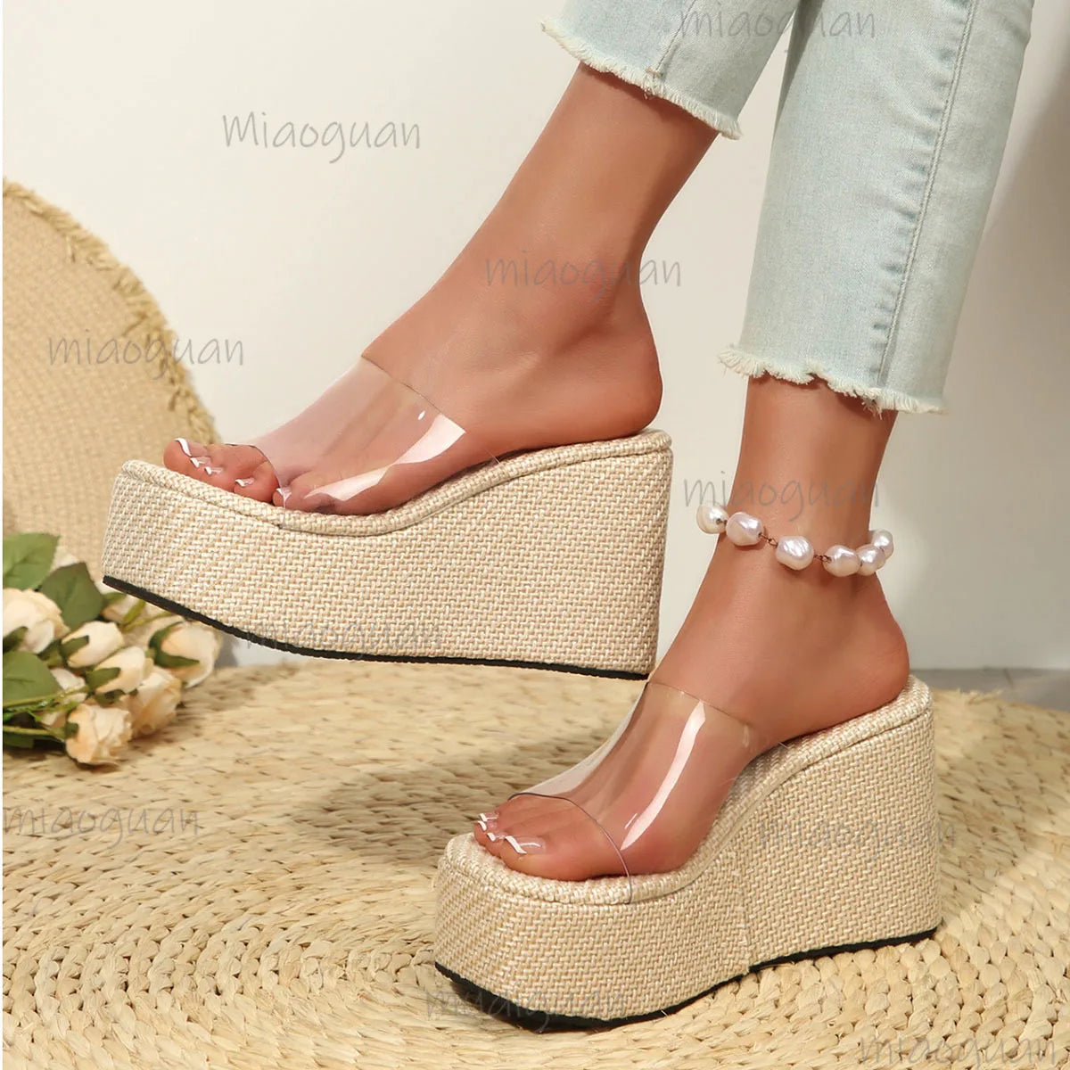 Women's Wedge Platform Sandals | PVC Transparent Strap & Hemp Rope Wedge Platform Sandals Axl