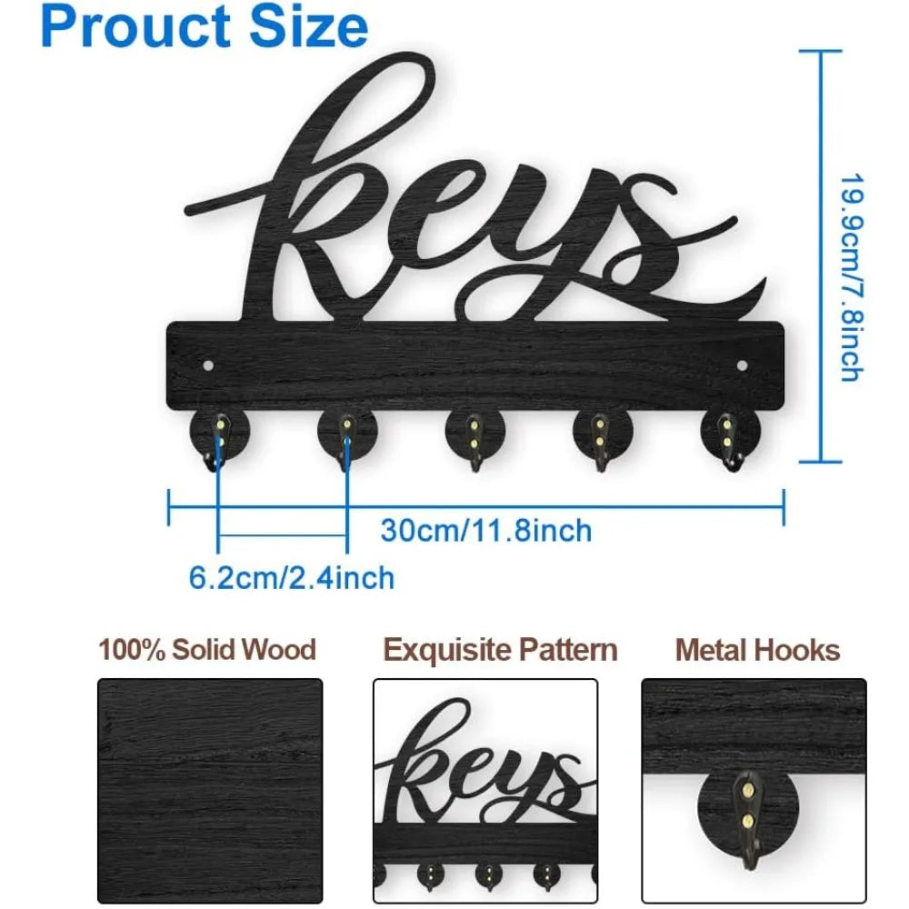 Wood Wall Key Rack with 5 Hooks – Black Entryway Organizer Wall Key Rack Axl