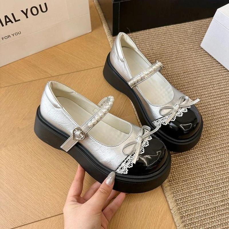 Women's Retro Silver Mary Jane Flats – Thick Soft Sole Shoes Mary Jane Flats Axl 40 Silver