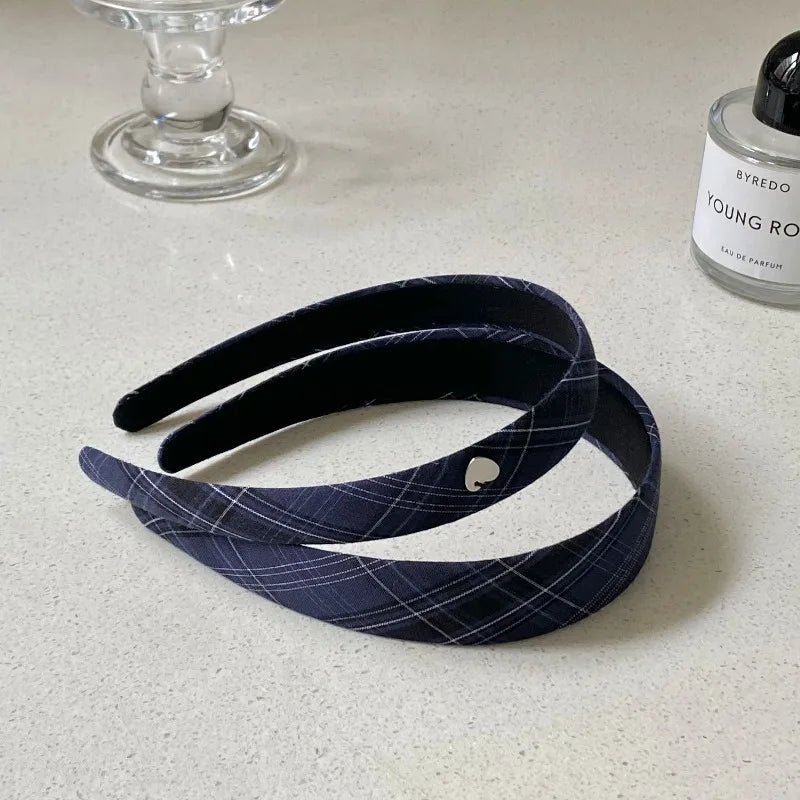 Navy Blue Plaid Hair Headband with Heart Decor for Women Hair Headband Axl