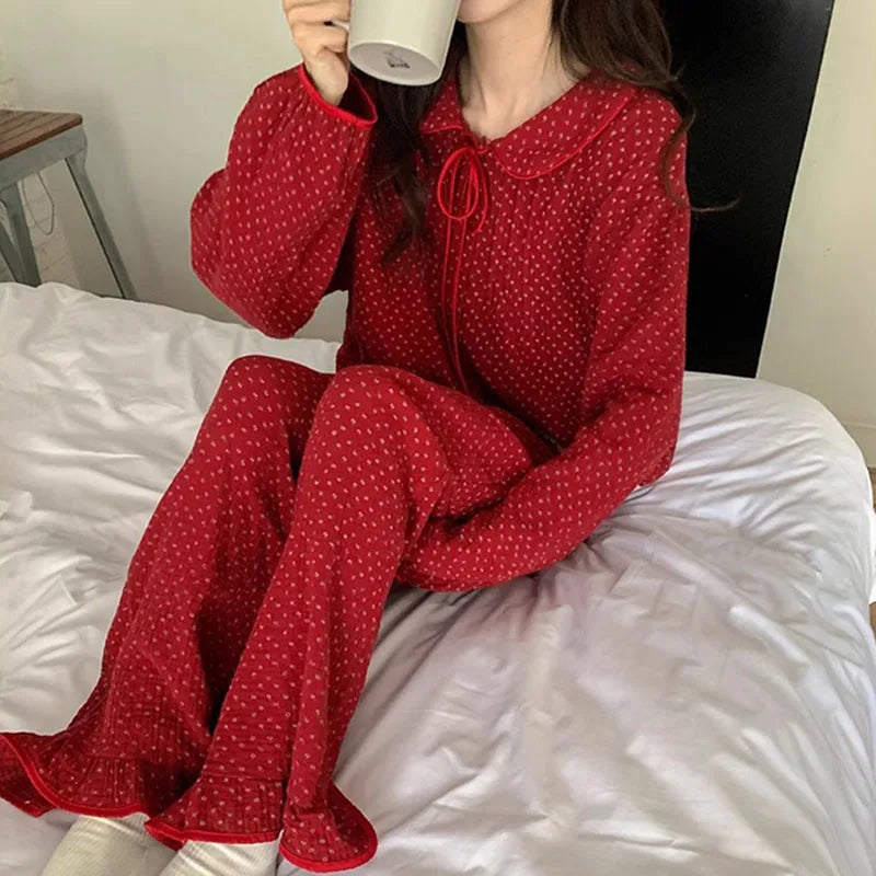 Retro Floral Doll Collar Women's Pajama Set | Long Sleeve Women's Pajama Set Axl