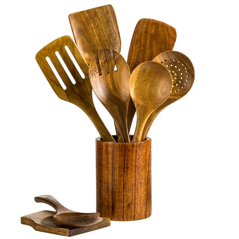 9-Piece Teak Wooden Kitchen Utensils Set with Holder Kitchen Utensil Set Axl