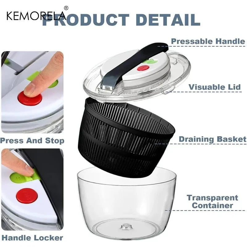 KEMORELA 3L Salad Spinner – One-Hand Press Washer & Drainer Salad Spinner Axl