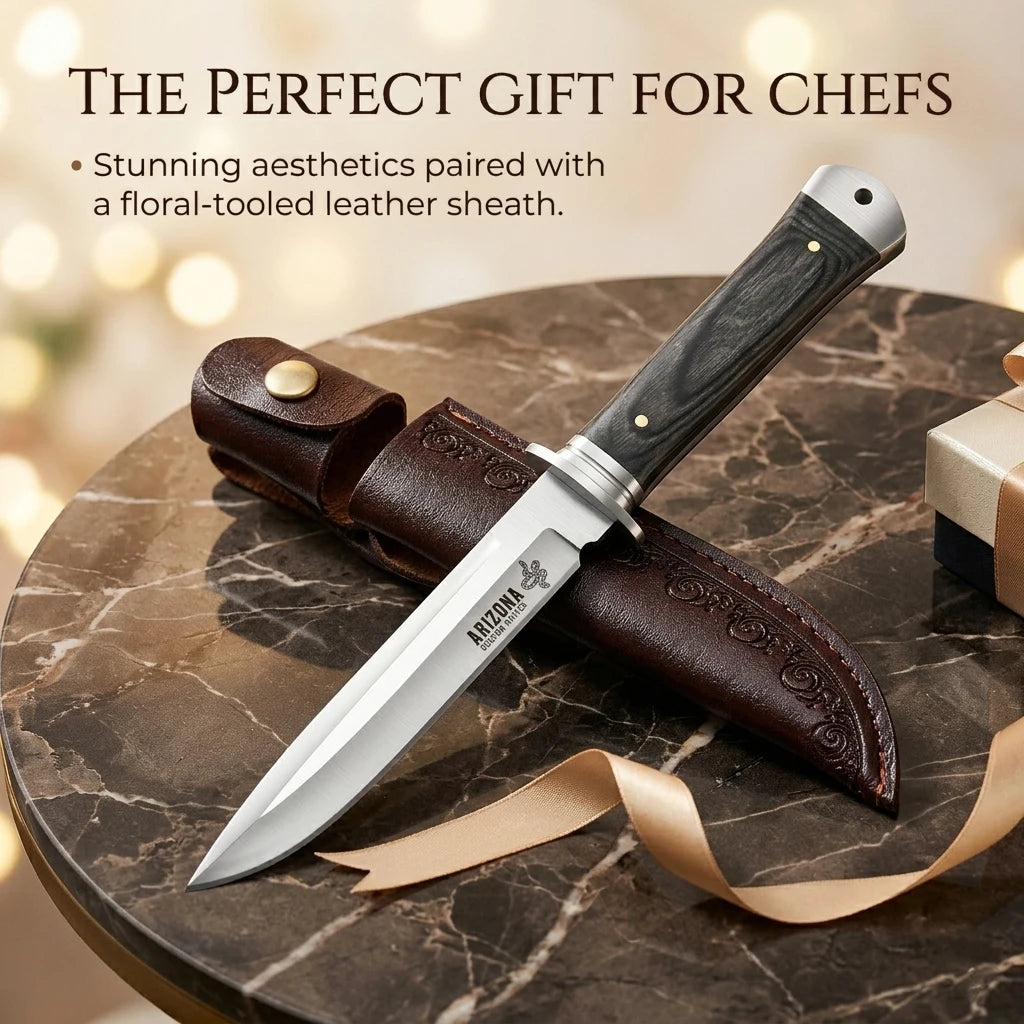 Fixed-Blade Kitchen Knife with Leather Sheath | Carbon Steel Fixed-Blade Kitchen Knife Axl