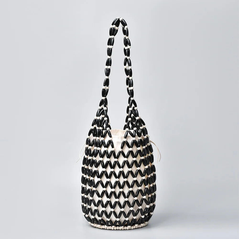 Women's Woven Wooden Bead Tote Bag – Hollow-Out Bucket Shoulder Woven Tote Bag Axl Black