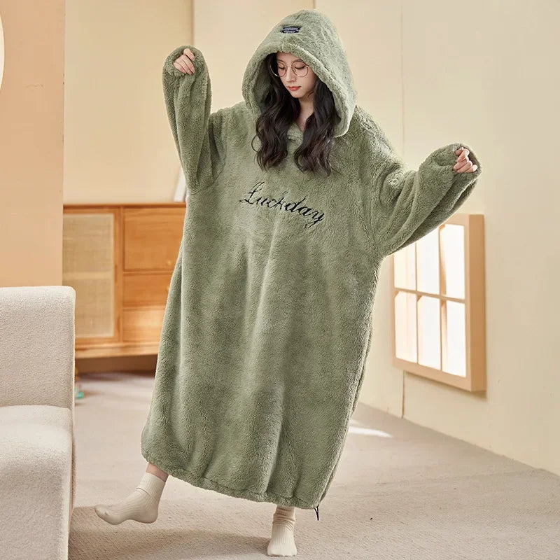 Women's Hooded Coral Velvet Nightgown – Plush Flannel Pajama Dress Hooded Nightgown Axl green M