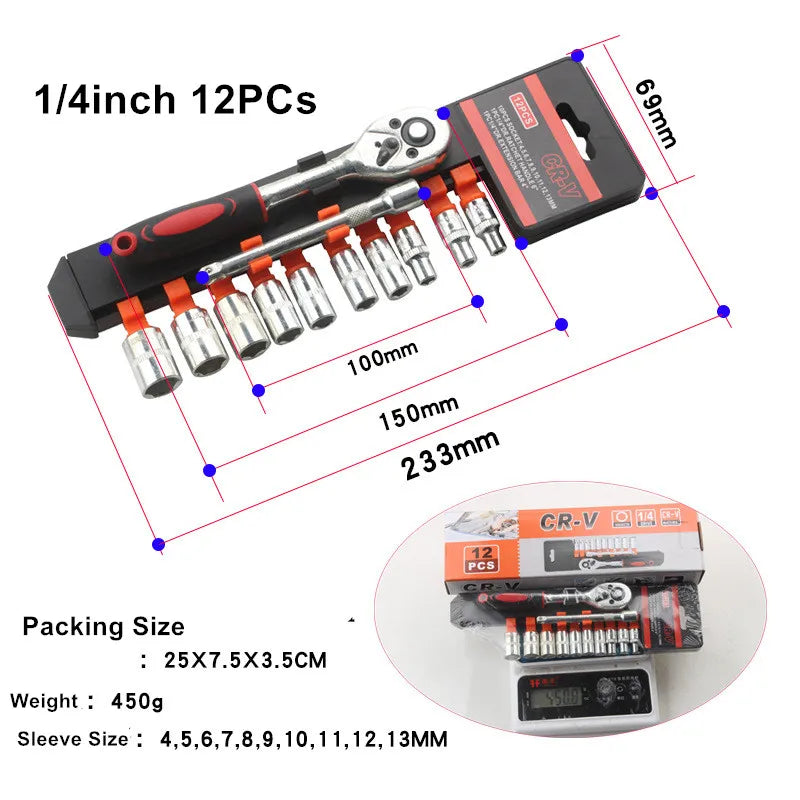 12-Piece Ratchet Socket Wrench Set – 1/4, 3/8 & 1/2 Drive Ratchet Socket Set Axl A