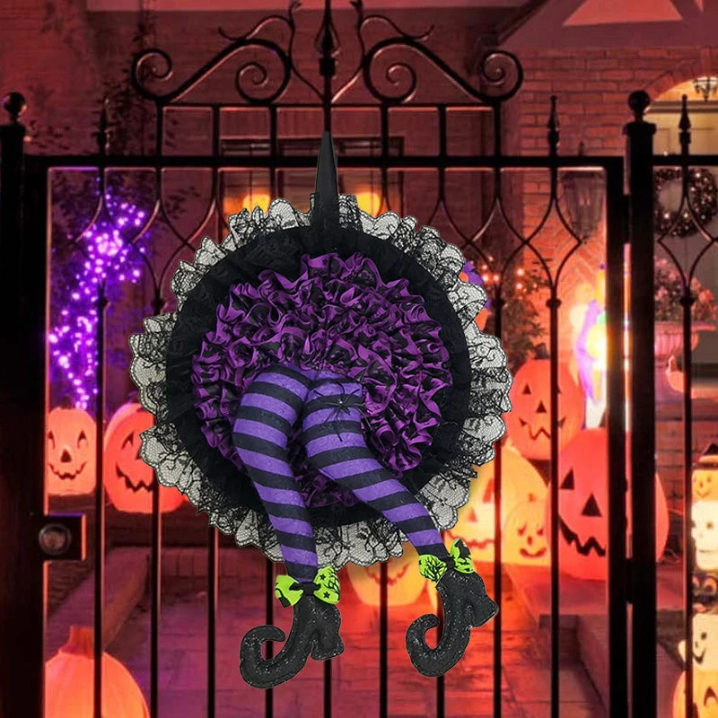 Halloween Witch Hat Leg Door Wreath – Spooky Hanging Garland Halloween Door Wreath Axl