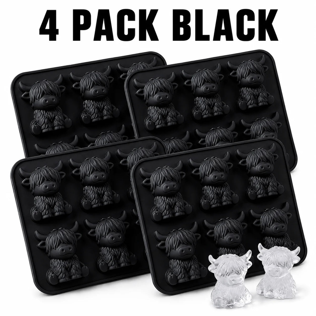 3D Highland Cow Silicone Ice Cube Tray – Yak Mold for Drinks Silicone Ice Cube Tray Axl 4 PACK Black