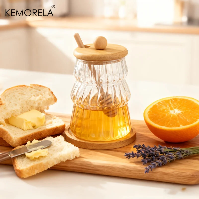 KEMORELA Glass Honey Jar Set with Wooden Stir Stick & Lid Glass Storage Jar Set Axl