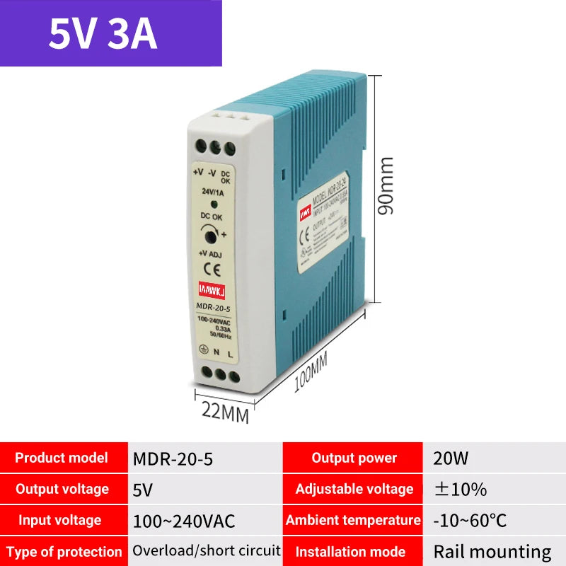 MDR DIN Rail Power Supply 5V 12V 24V | 10W–100W DC Switch DIN Rail Power Supply Axl MDR-20-5
