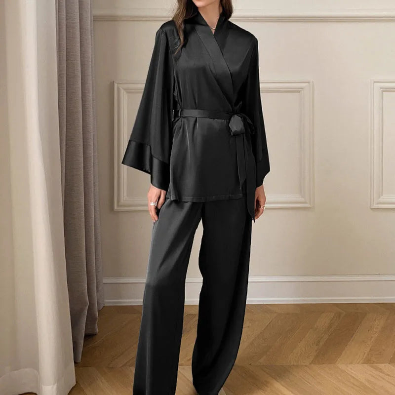 Women's 2-Piece Satin Pajama Set – V-Neck Cardigan & Trousers Satin Pajama Set Axl