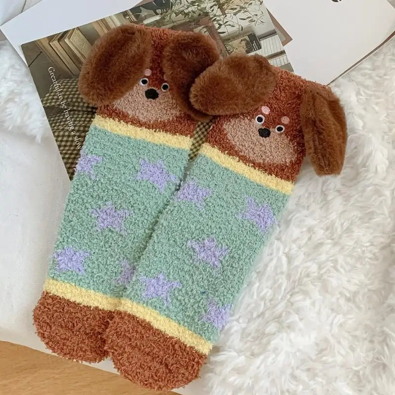 Women's Fluffy Coral Fleece Socks – 3D Dog Ear Cartoon Design Novelty Fluffy Socks Axl A5 One Size