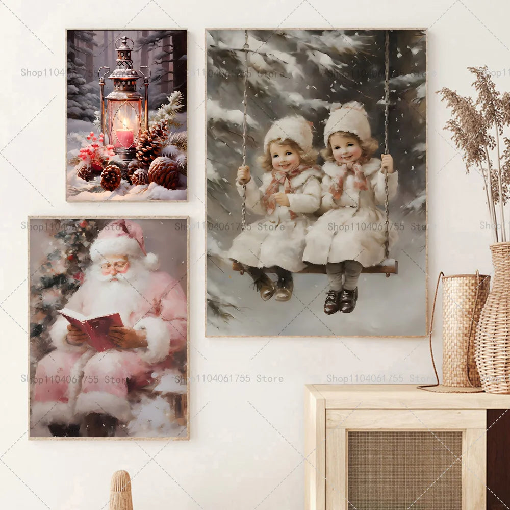 Christmas Pink Reindeer Santa Wall Poster | Self-Adhesive Sticker Wall Art Poster Axl