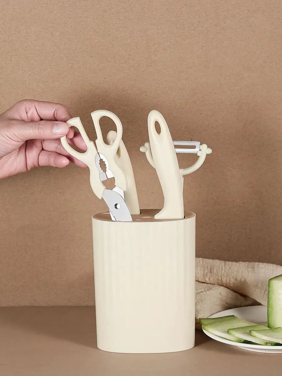 SHENJIU 5-Piece Stainless Steel Kitchen Knife Set with Holder Kitchen Knife Set Axl Beige