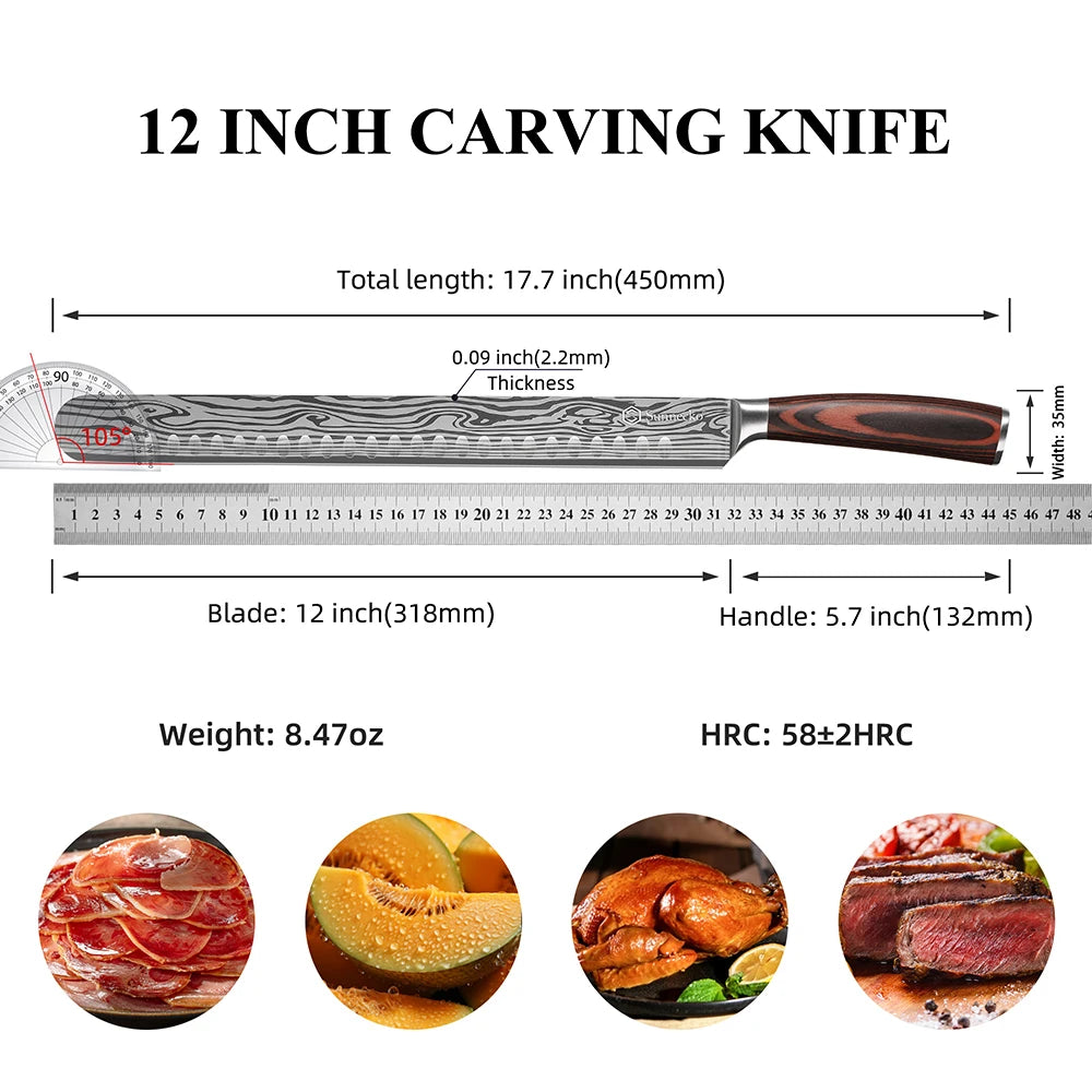 Sunnecko 12" Brisket Slicing Knife | High Carbon Steel & Pakkawood Brisket Slicing Knife Axl
