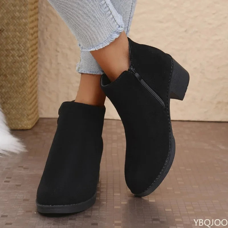 YBQJOO Women's Retro Suede Ankle Boots | Square Heel Zip Women's Ankle Boots Axl