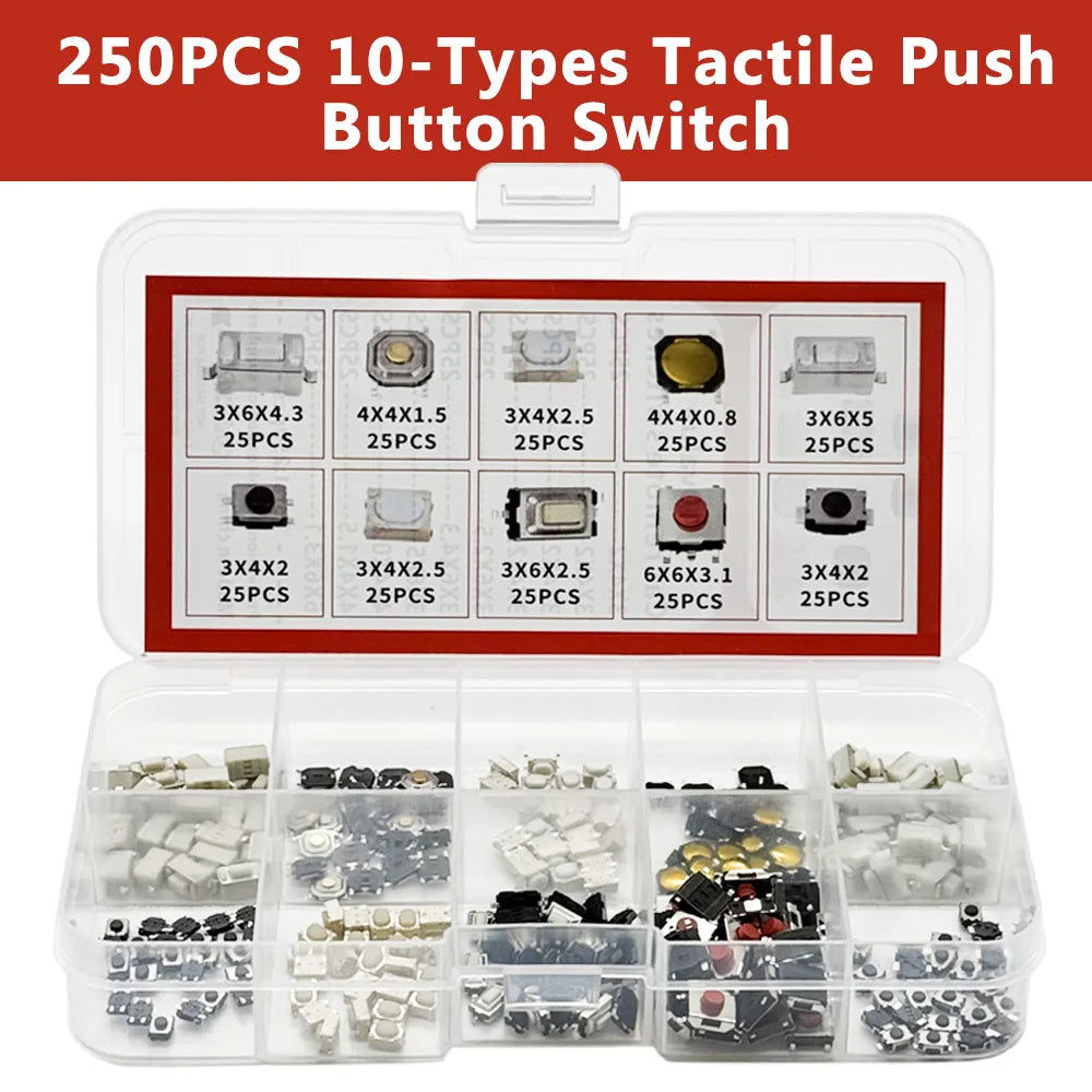 250PCS Tactile Push Button Switch Kit – 10 Types Microswitch Set Microswitch Assortment Kit Axl