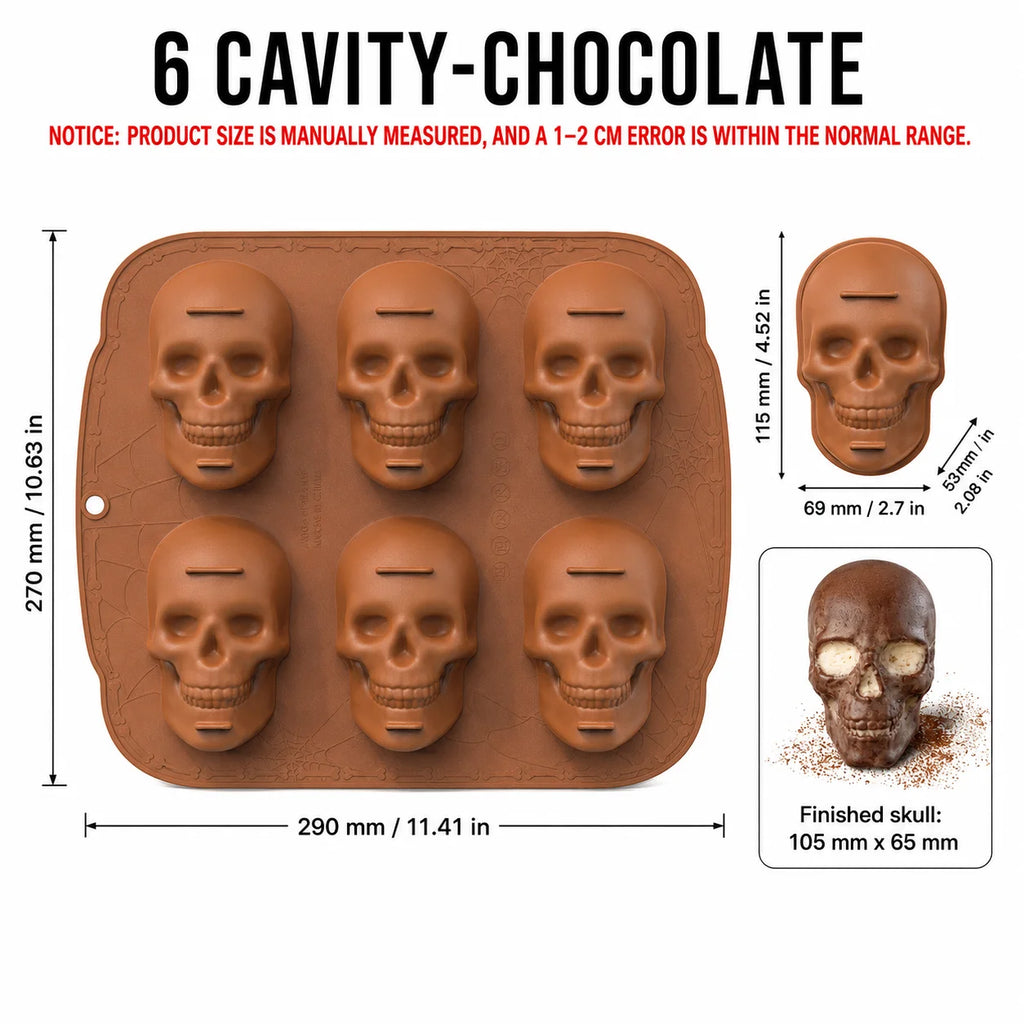 Skull Silicone Mold 6 & 20 Cavity – Halloween Baking Pan Silicone Baking Mold Axl 6 Cavity-Chocolate