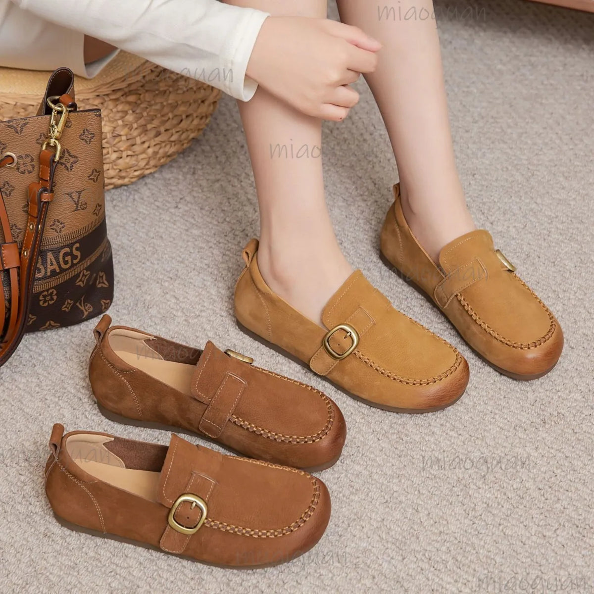 Women's Vintage Loafers – Metal Buckle Slip-On Flat Shoes Women's Loafers Axl
