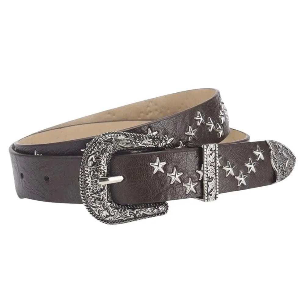 Y2K Punk Studded Belt – Gothic PU Leather Star Waistband Fashion Belt Axl Coffee