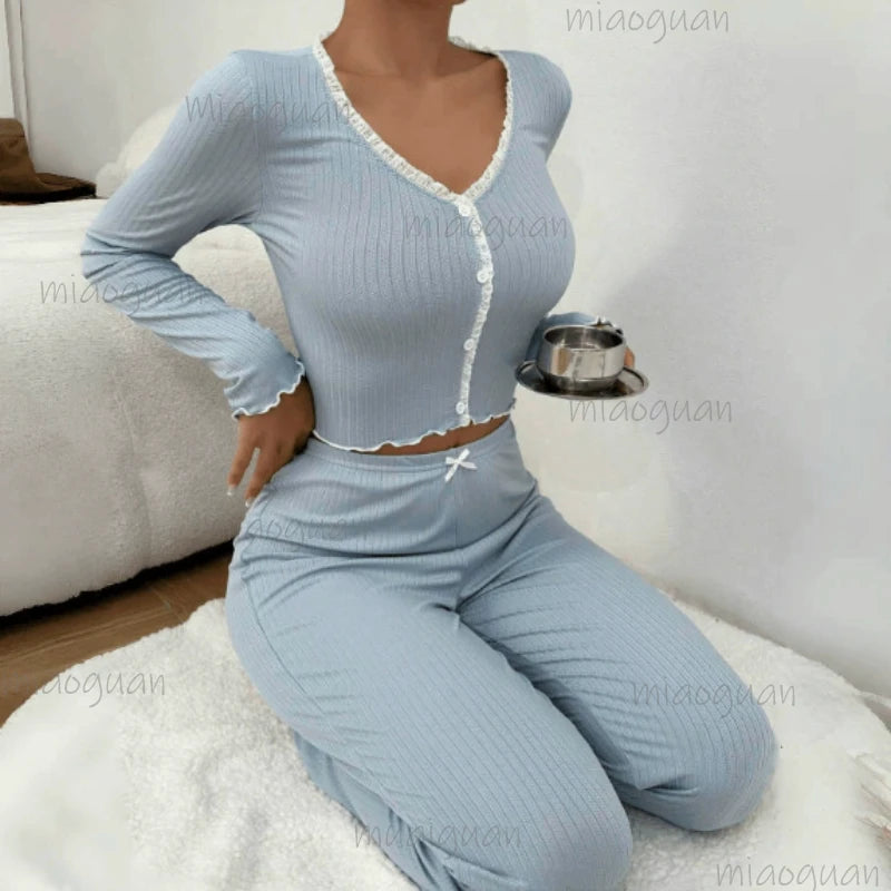 Women's Lace Trim Pajama Set – Long Sleeve Top & Trousers Women's Pajama Set Axl SKY BLUE S