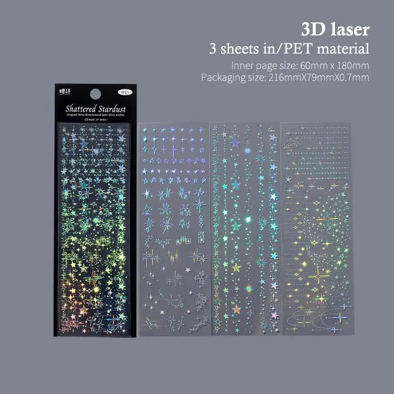 Laser Silver PET Stickers – 3-Sheet Aesthetic DIY Scrapbook Pack Decorative Sticker Sheets Axl A2