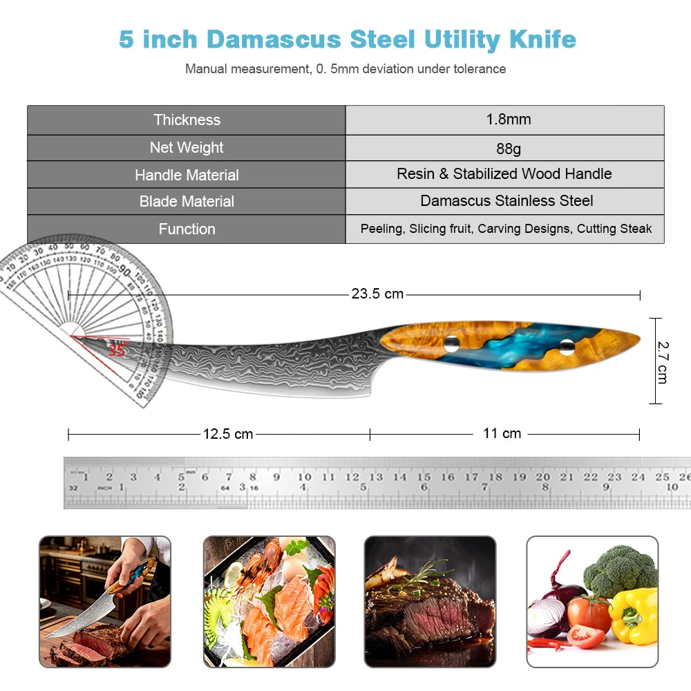 XITUO 5" VG-10 Damascus Steel Utility Knife | Full-Tang Damascus Utility Knife Axl