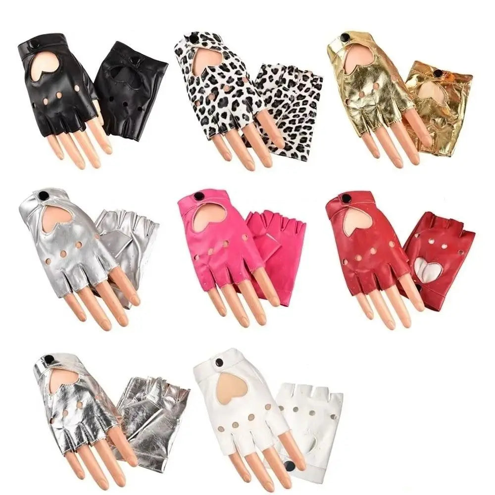 Y2K Punk PU Leather Fingerless Gloves | Heart Hollow Half Finger Fingerless Fashion Gloves Axl