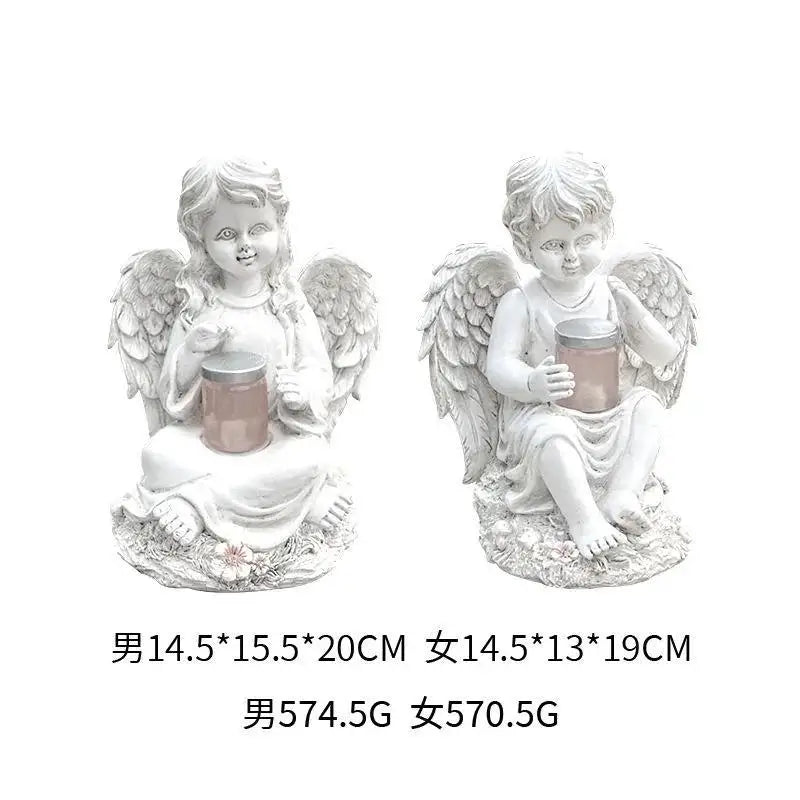 European Angel Statue Solar Garden Décor – Boy & Girl Resin Garden Resin Sculpture Axl