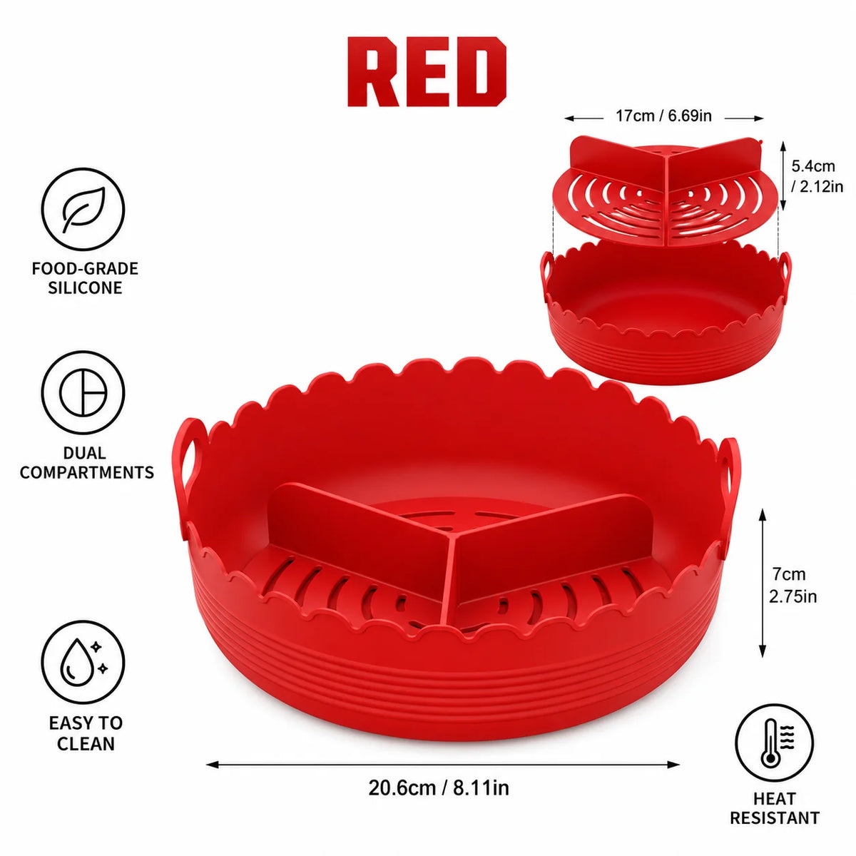 Silicone Air Fryer Liner – 3-Compartment Divider & Grease Filter Silicone Baking Liner Axl Red