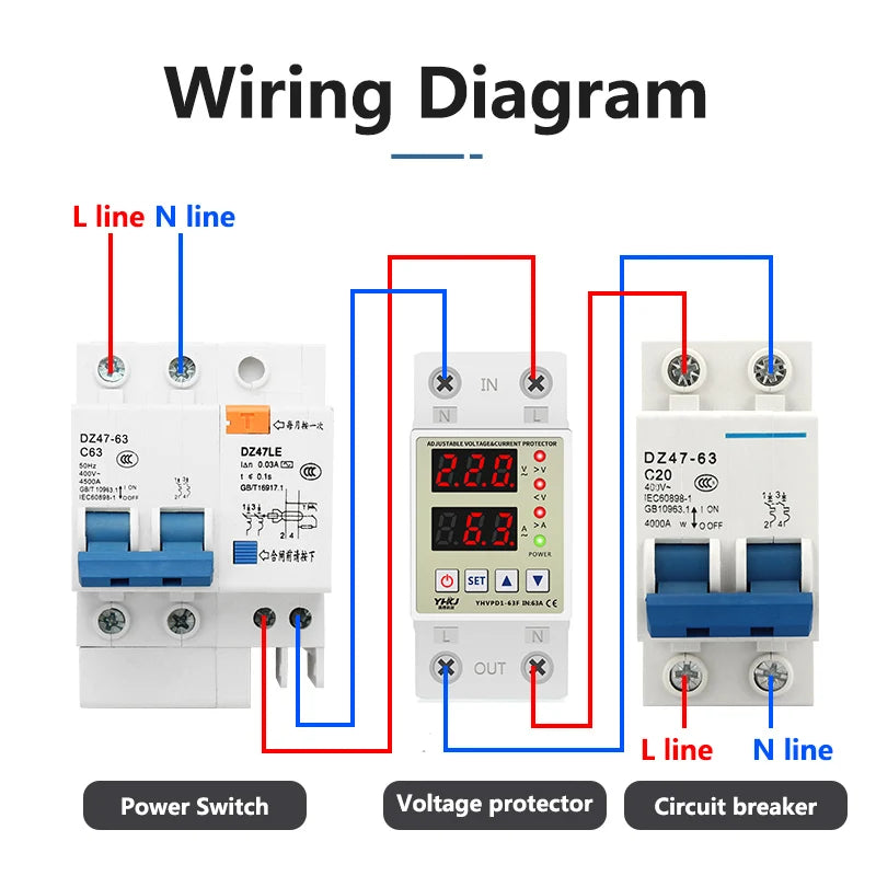 Din Rail Voltage & Current Protector 40A 63A 220V Surge Relay Voltage Protection Relay Axl