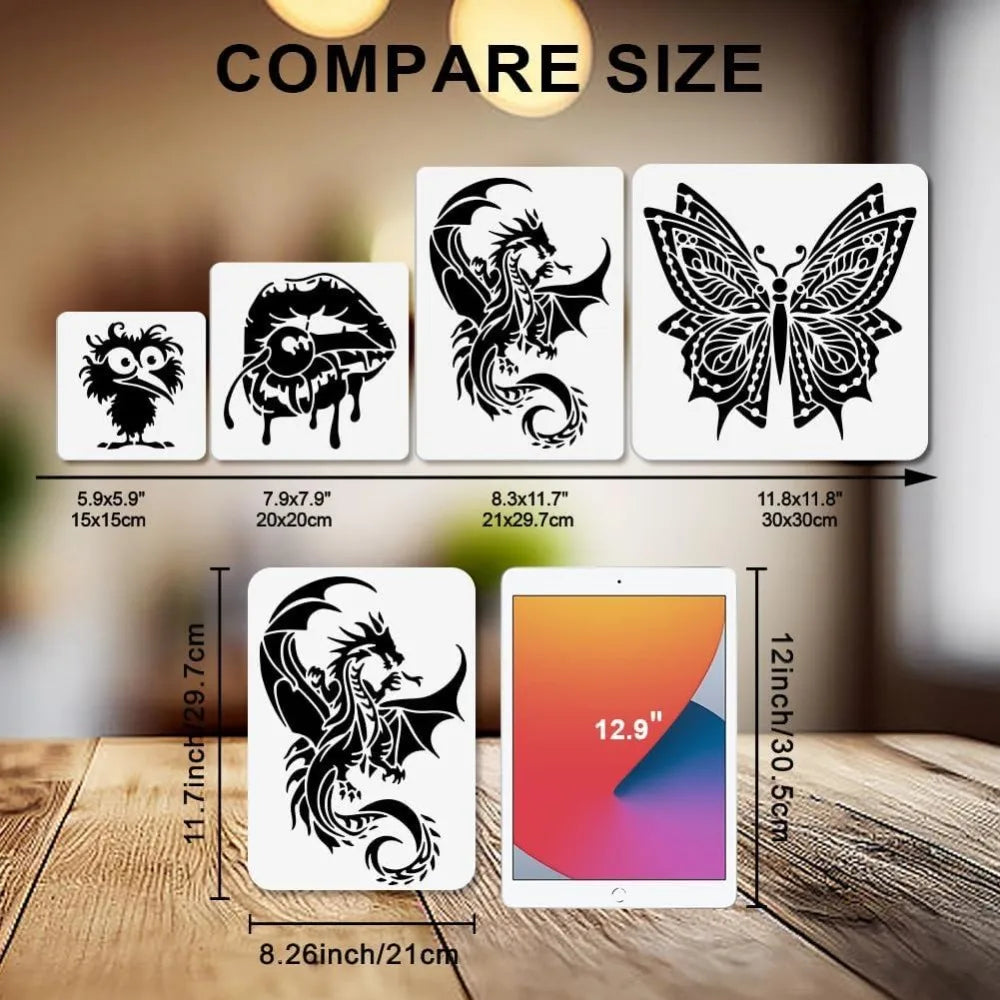 Dragon Stencils A4 2-Pack + Brush – Reusable DIY Craft Templates Craft Stencil Kit Axl