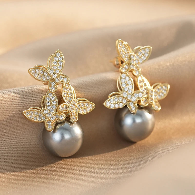 Huitan Butterfly Drop Earrings – CZ & Pearl Wedding Jewelry Drop Earrings Axl