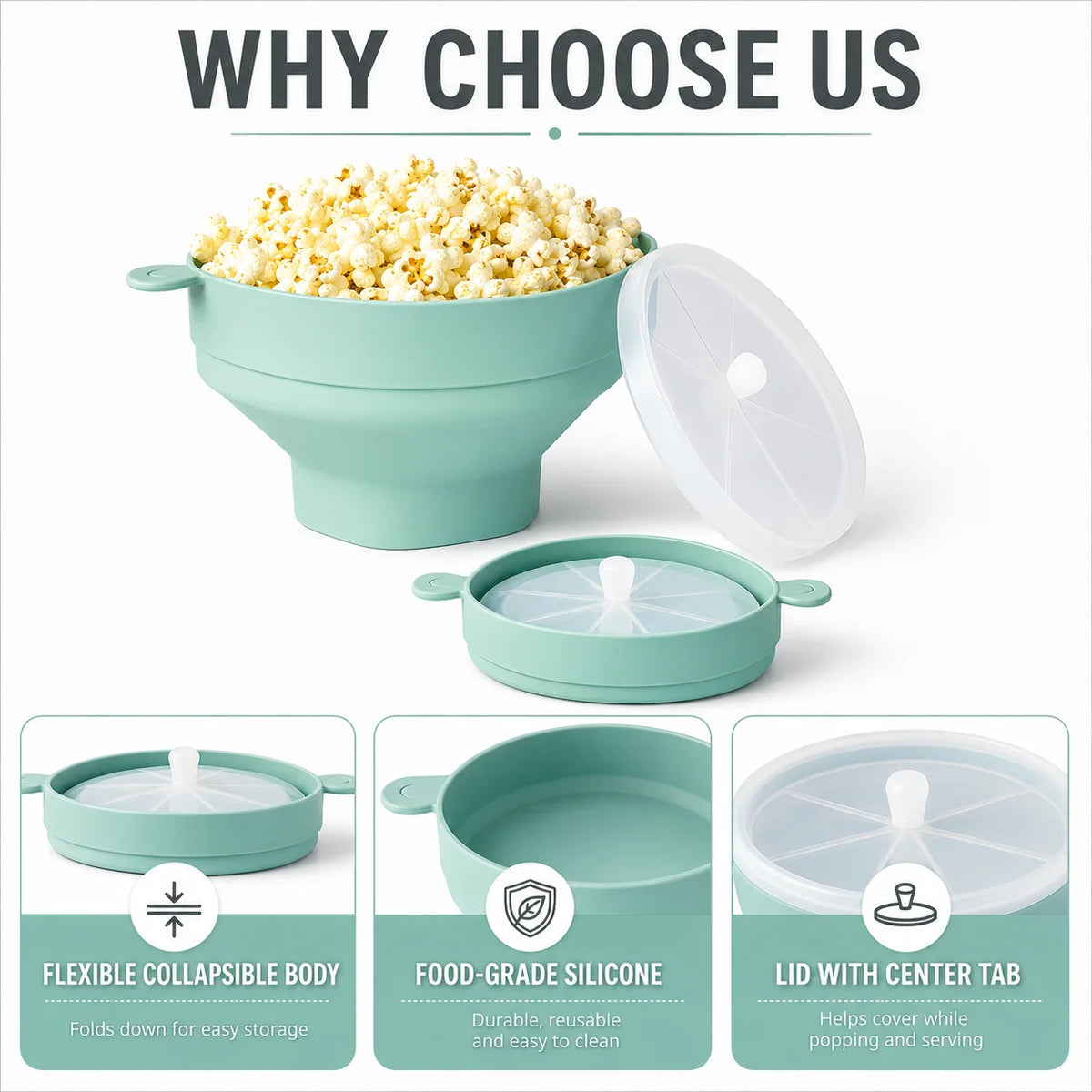 Collapsible Silicone Microwave Popcorn Popper Bowl with Lid Popcorn Popper Axl