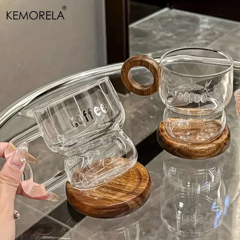 Transparent Glass Coffee Mug with Wooden Handle & Coaster Glass Coffee Mug Axl