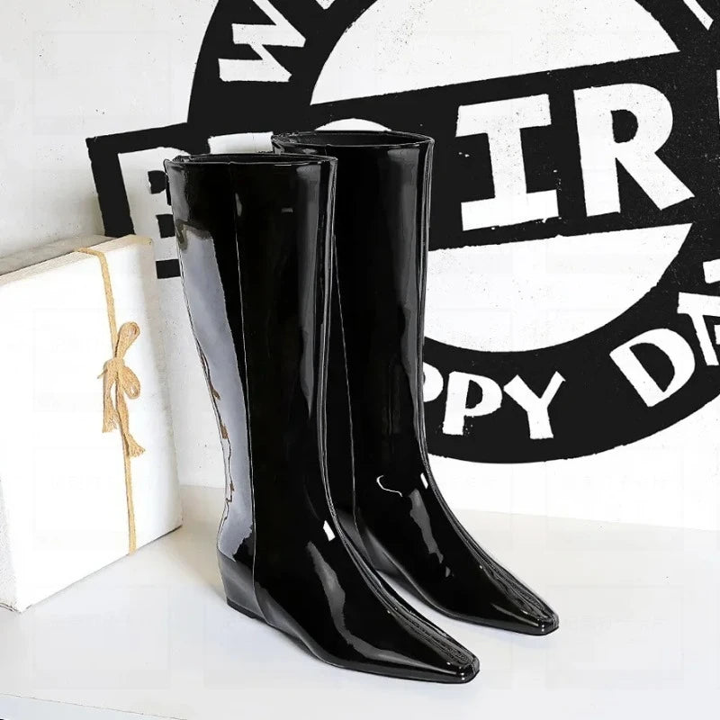 Women's Black Wedge Knee-High Boots – Pointed Toe Patent Leather Wedge Knee-High Boots Axl