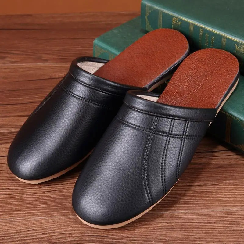 Lorilury Unisex PU Leather Flat Indoor Slippers | Home Slides Indoor Slide Slippers Axl