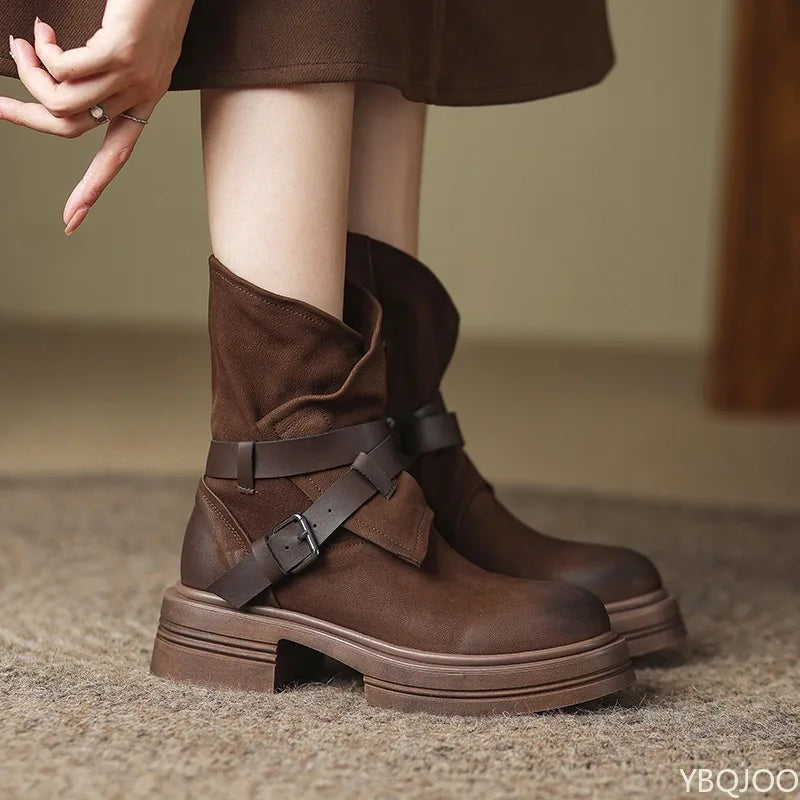 Women's Retro Ankle Boots – Thick Sole Square Heel Buckle Brown Women's Ankle Boots Axl