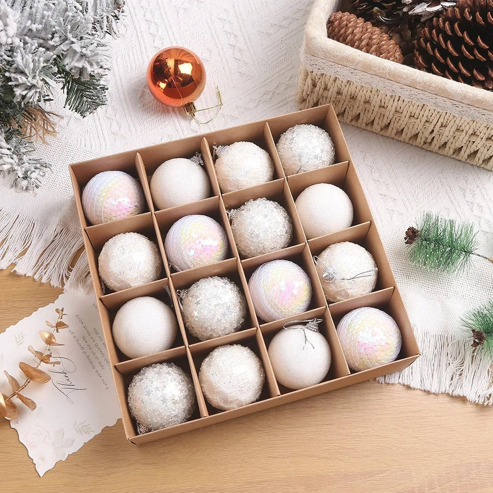 6cm Glitter Christmas Ball Ornaments – 16pc Gift Box Set Christmas Ornament Set Axl White 1.5cm