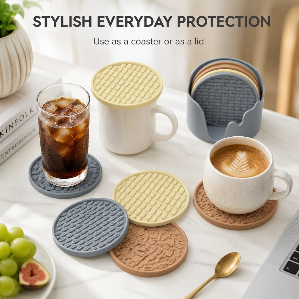 6-Pc Silicone Coasters Set with Holder & Dustproof Lid Silicone Coaster Set Axl