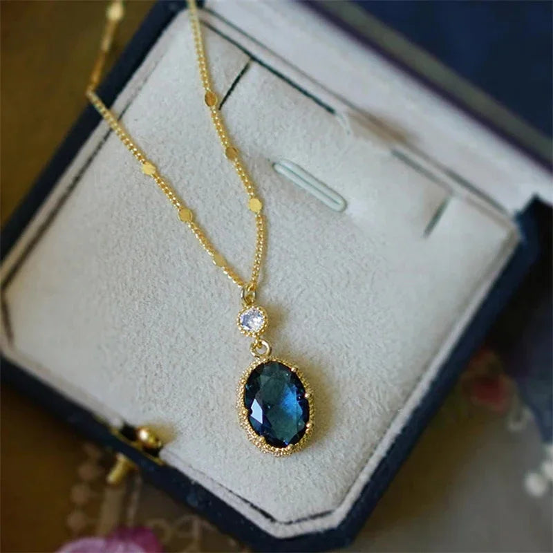 Huitan Oval Blue Stone Pendant Necklace – Bridal Jewelry Gift Pendant Necklace Axl