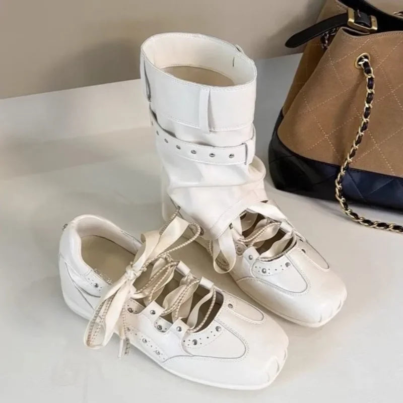 Women's 2-in-1 Flat Ballet Boots | Korean Mary Jane Slip-On Flat Convertible Boots Axl
