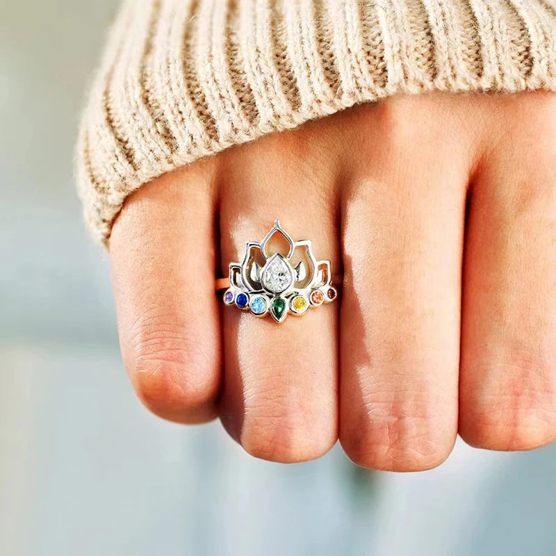 Huitan Lotus Flower Ring – Colorful CZ Statement Ring for Women Fashion Statement Ring Axl